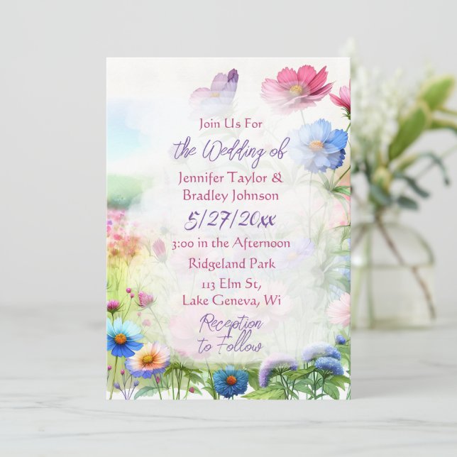 Whimsical Watercolor Butterflies Floral Wedding Invitation (Standing Front)