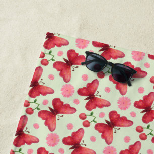 Whimsical Watercolor Butterfly and Cherry Pattern Beach Towel