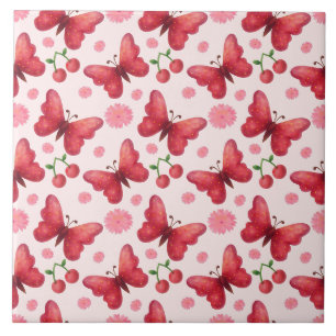 Whimsical Watercolor Butterfly and Cherry Pattern Ceramic Tile