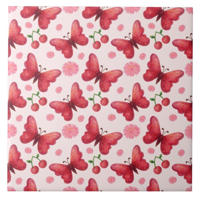 Whimsical Watercolor Butterfly and Cherry Pattern Ceramic Tile (Front)