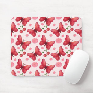 Whimsical Watercolor Butterfly and Cherry Pattern Mouse Pad