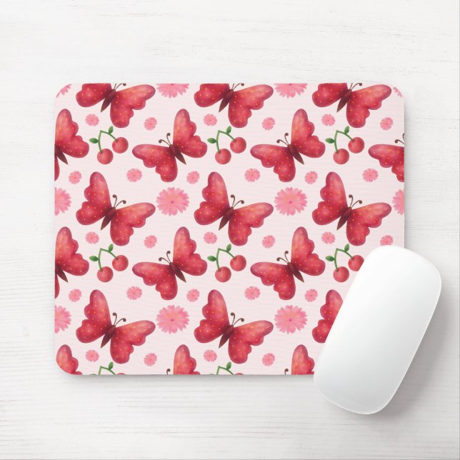 Whimsical Watercolor Butterfly and Cherry Pattern Mouse Pad (With Mouse)