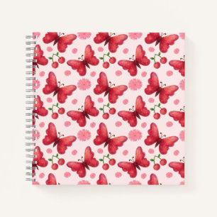 Whimsical Watercolor Butterfly and Cherry Pattern Notebook