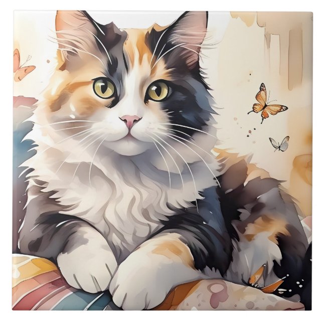 Whimsical Watercolor Calico Cat and Butterflies Ceramic Tile (Front)
