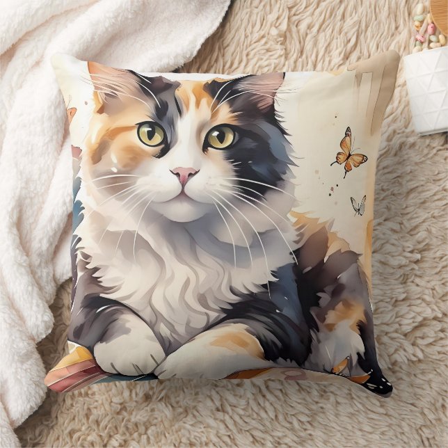 Whimsical Watercolor Calico Cat and Butterflies Cushion (Blanket)