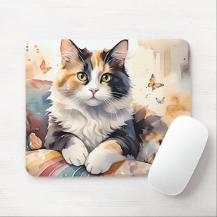 Whimsical Watercolor Calico Cat and Butterflies Mouse Pad