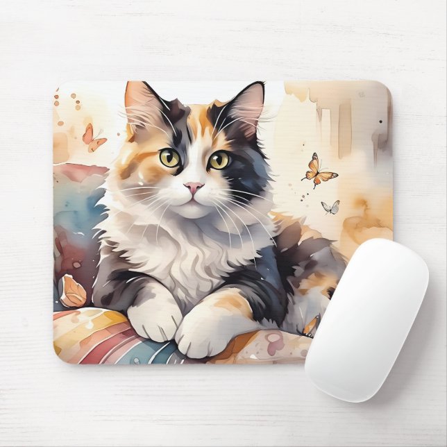 Whimsical Watercolor Calico Cat and Butterflies Mouse Pad (With Mouse)