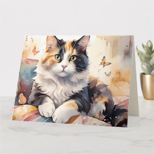 Whimsical Watercolor Calico Cat Greeting Card