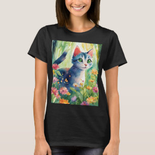 Whimsical Watercolor Cat in Floral Garden Cute N T-Shirt