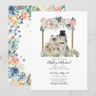Whimsical Watercolor Cat Pink White Floral Arbor Invitation