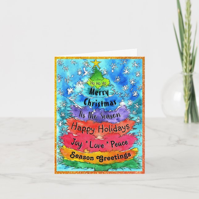Whimsical Watercolor Christmas Tree with Words Card (Front)