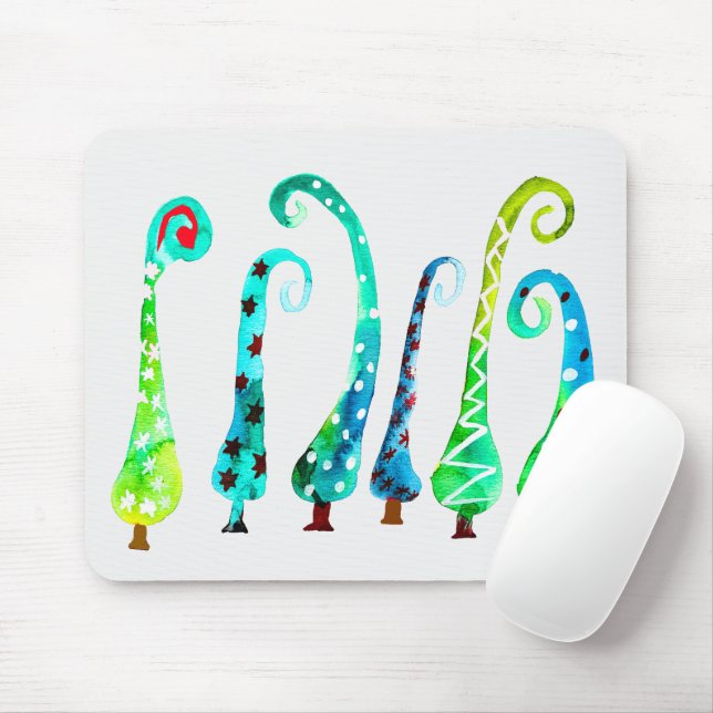 Whimsical watercolor christmas trees mouse pad (With Mouse)