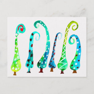 Whimsical watercolor christmas trees postcard