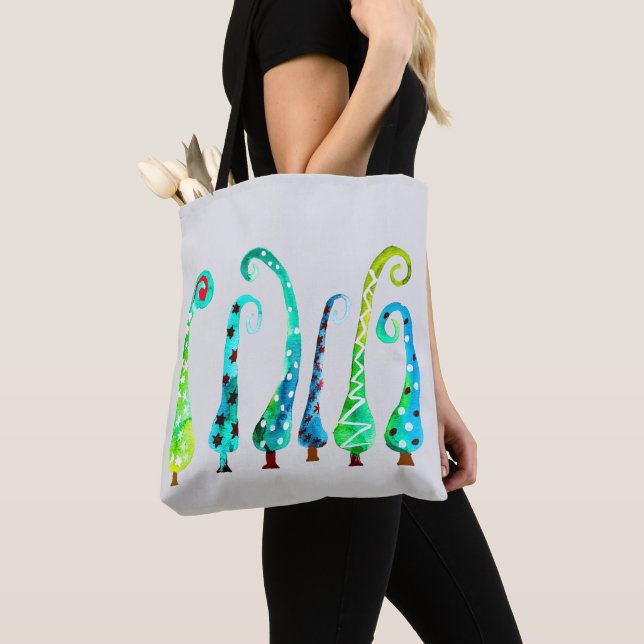 Whimsical watercolor christmas trees tote bag (Close Up)