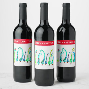 Whimsical watercolor christmas trees wine label