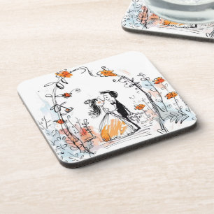 Whimsical Watercolor Couple Floral Arch Wedding Coaster