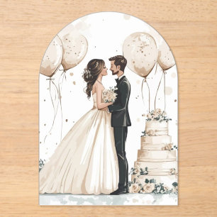Whimsical Watercolor Couple & Floral Cake Acrylic Invitations