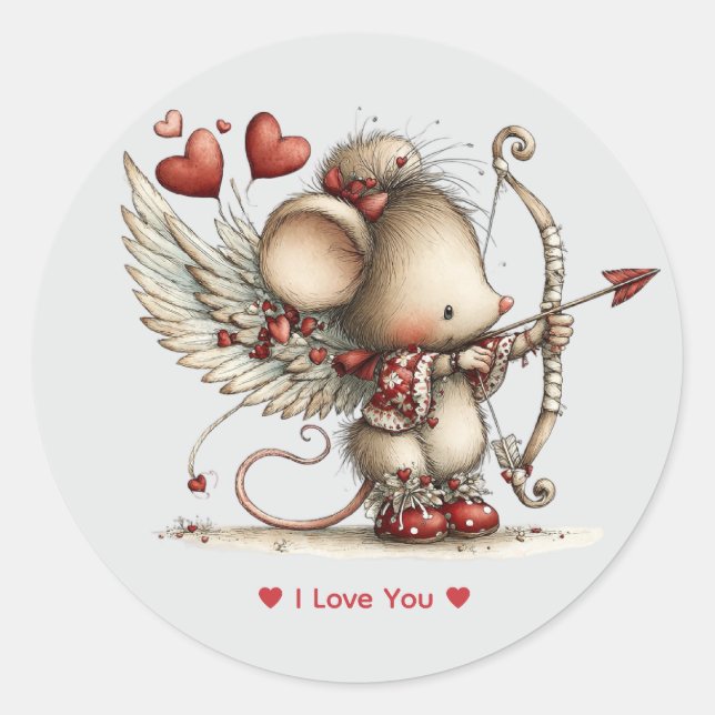 Whimsical Watercolor Cupid Mouse Love Sticker (Front)