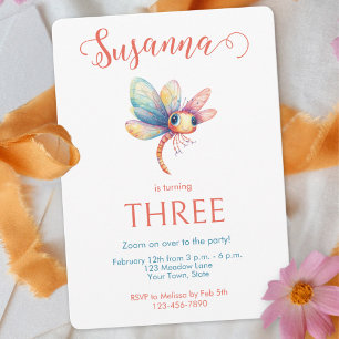 Whimsical Watercolor Dragonfly Girl's Birthday Invitation