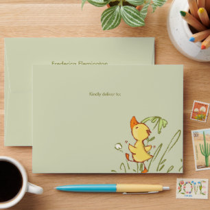 Whimsical Watercolor Duckling On Sage Green Envelope