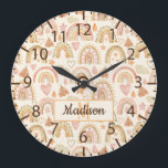 Whimsical Watercolor Earthy Boho Rainbows Name Large Clock<br><div class="desc">Customisable monogram and name wall clock personalised gift with a pattern of watercolor painted modern boho rainbows in earthy neutral and terracotta tones.</div>
