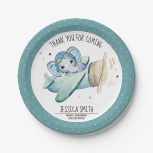 Whimsical Watercolor Elephant Aeroplane Baby Showe Paper Plate