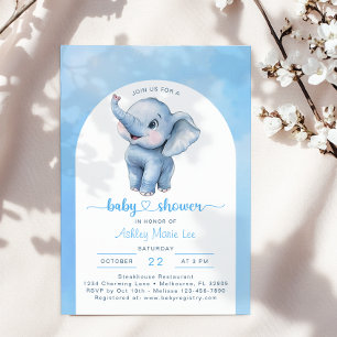 Whimsical Watercolor Elephant Baby Shower Blue Invitation