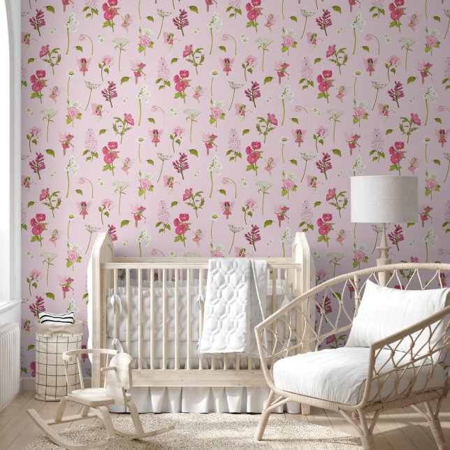 Whimsical Watercolor Fairies & Flowers pink Wallpaper (Kids)