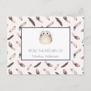 Whimsical Watercolor Feathers and Owl Recipe   Postcard