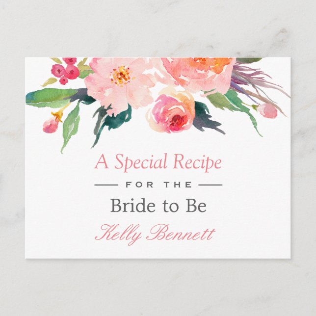 Whimsical Watercolor Floral Bridal Shower Recipe Postcard (Front)