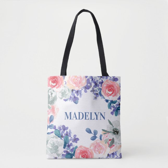 Whimsical Watercolor Floral Customisable Name Tote Bag (Front)