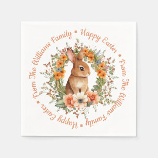 Whimsical Watercolor Floral Easter Bunny Orange Napkin