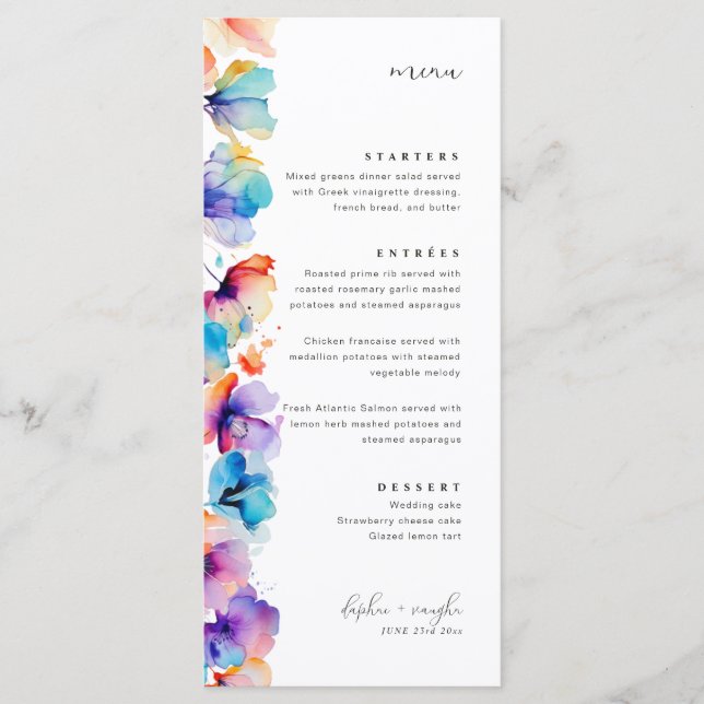 Whimsical Watercolor Floral Flat Wedding Menu (Front)