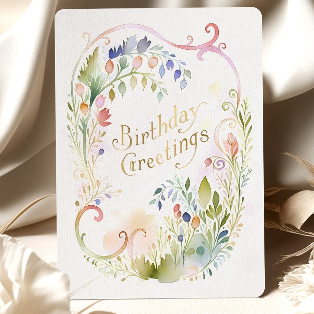 Whimsical Watercolor Floral Gold Birthday Card (Creator Uploaded)