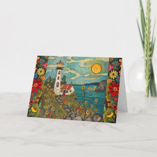Whimsical Watercolor Floral Light House Blank Card