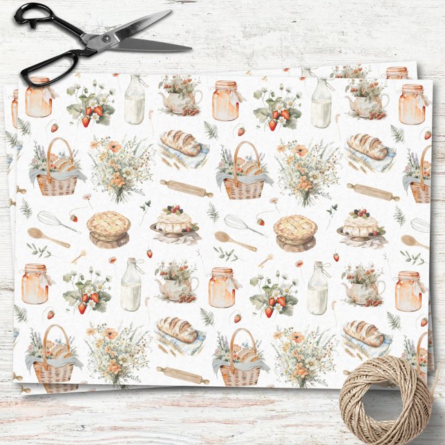 Whimsical Watercolor Floral Strawberry Country Tissue Paper (In situ)