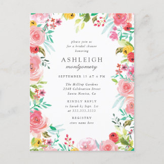 Whimsical Watercolor Floral Wreath Bridal Shower Invitation Postcard