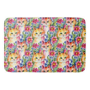 Whimsical Watercolor Flowers and Cats Colourful Bath Mat