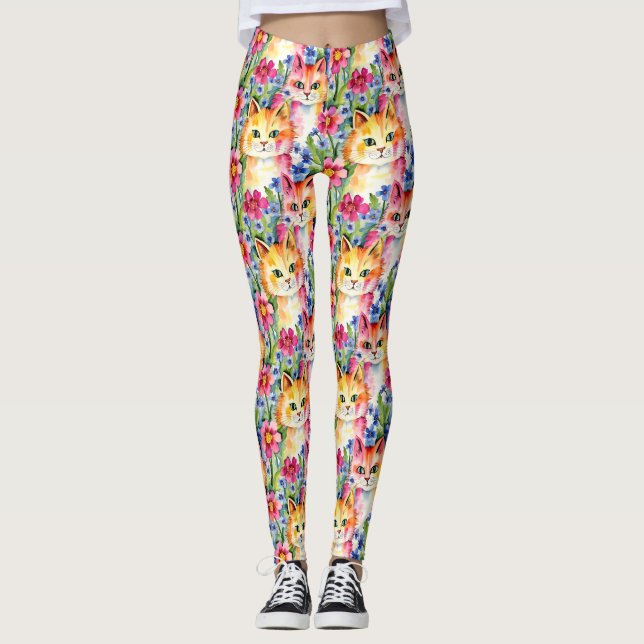 Whimsical Watercolor Flowers and Cats Colourful Leggings (Front)