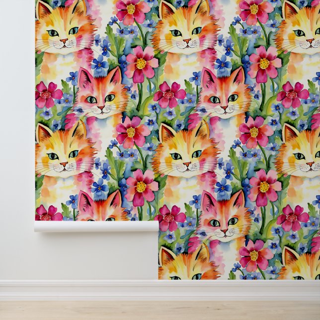 Whimsical Watercolor Flowers and Cats Colourful Wallpaper (Application)