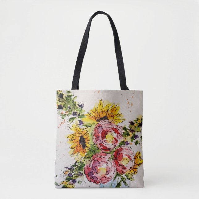 Whimsical Watercolor Flowers Tote Bag (Front)