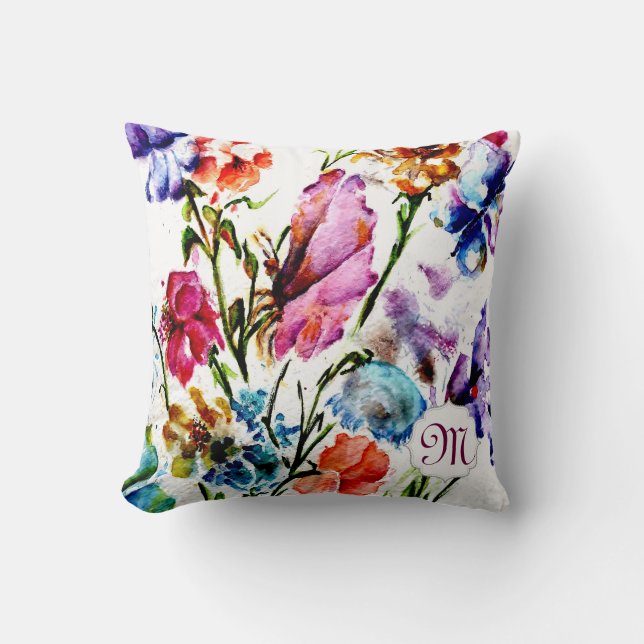 Whimsical Watercolor Flowers with Monogram Cushion (Front)