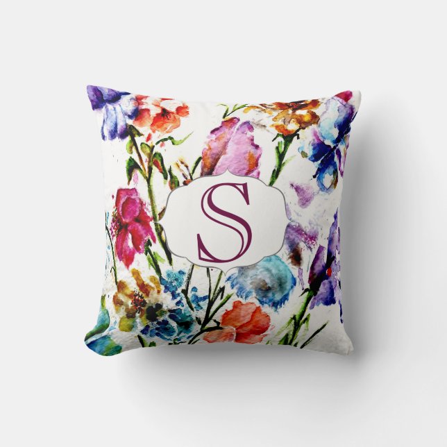 Whimsical Watercolor Flowers with Monogram Cushion (Front)