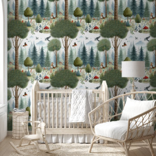 Whimsical Watercolor Forest Animal Kids Nursery Wallpaper