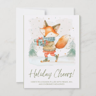 Whimsical Watercolor Fox on Ice Skates Holiday Card
