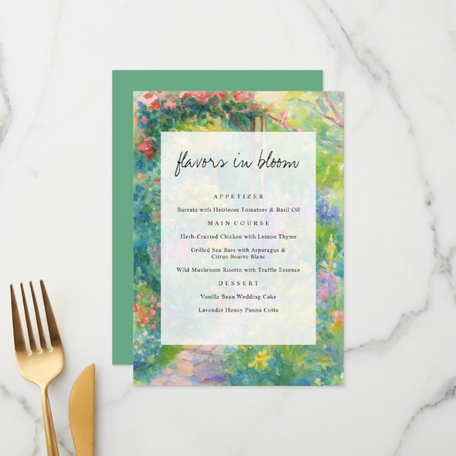 Whimsical Watercolor Garden Themed Wedding Menu (Front/Back In Situ)