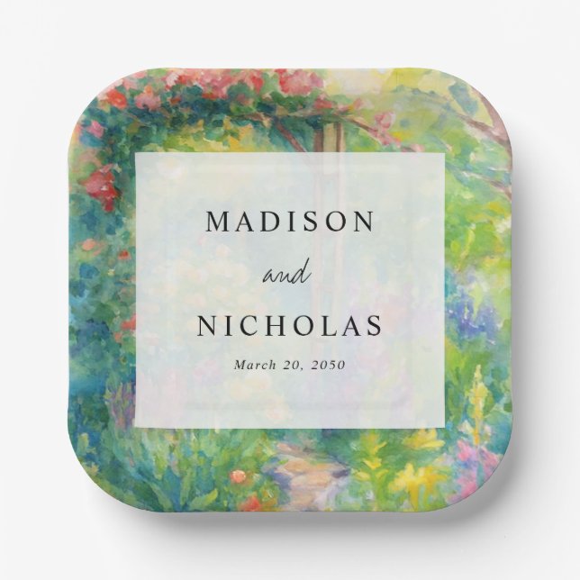 Whimsical Watercolor Garden Themed Wedding Paper Plate (Front)