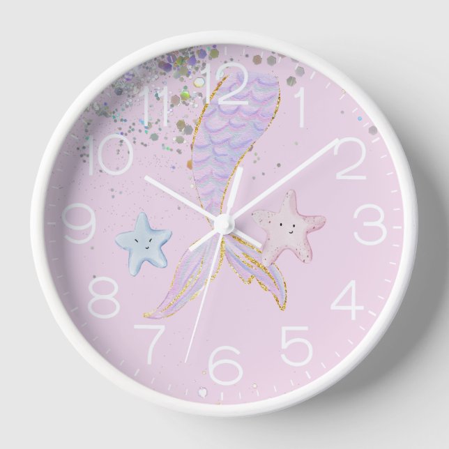 Whimsical Watercolor Glitter Mermaid Tail Clock (Front)