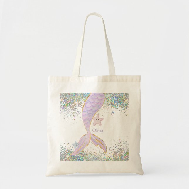 Whimsical Watercolor Glitter Mermaid Tail Tote Bag (Front)