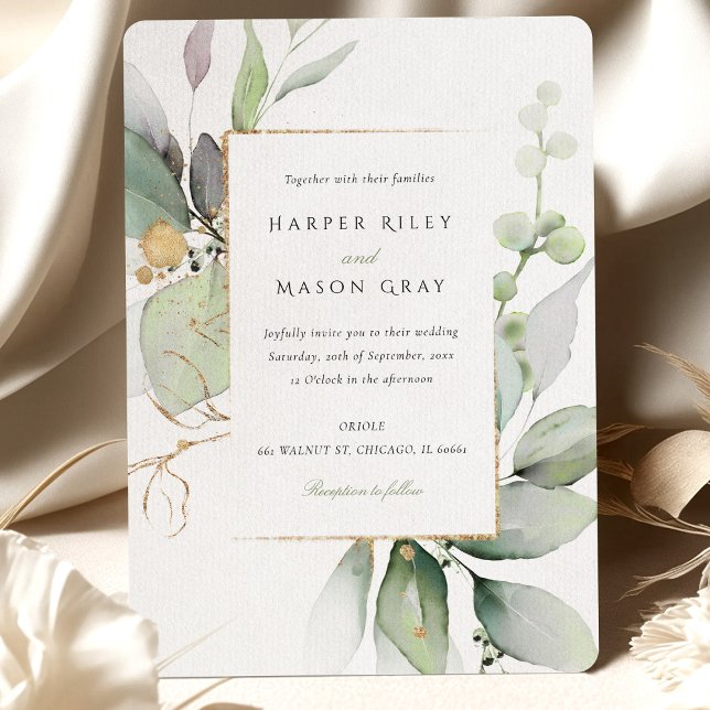 Whimsical Watercolor Green and Gold Wedding Invitation (Creator Uploaded)
